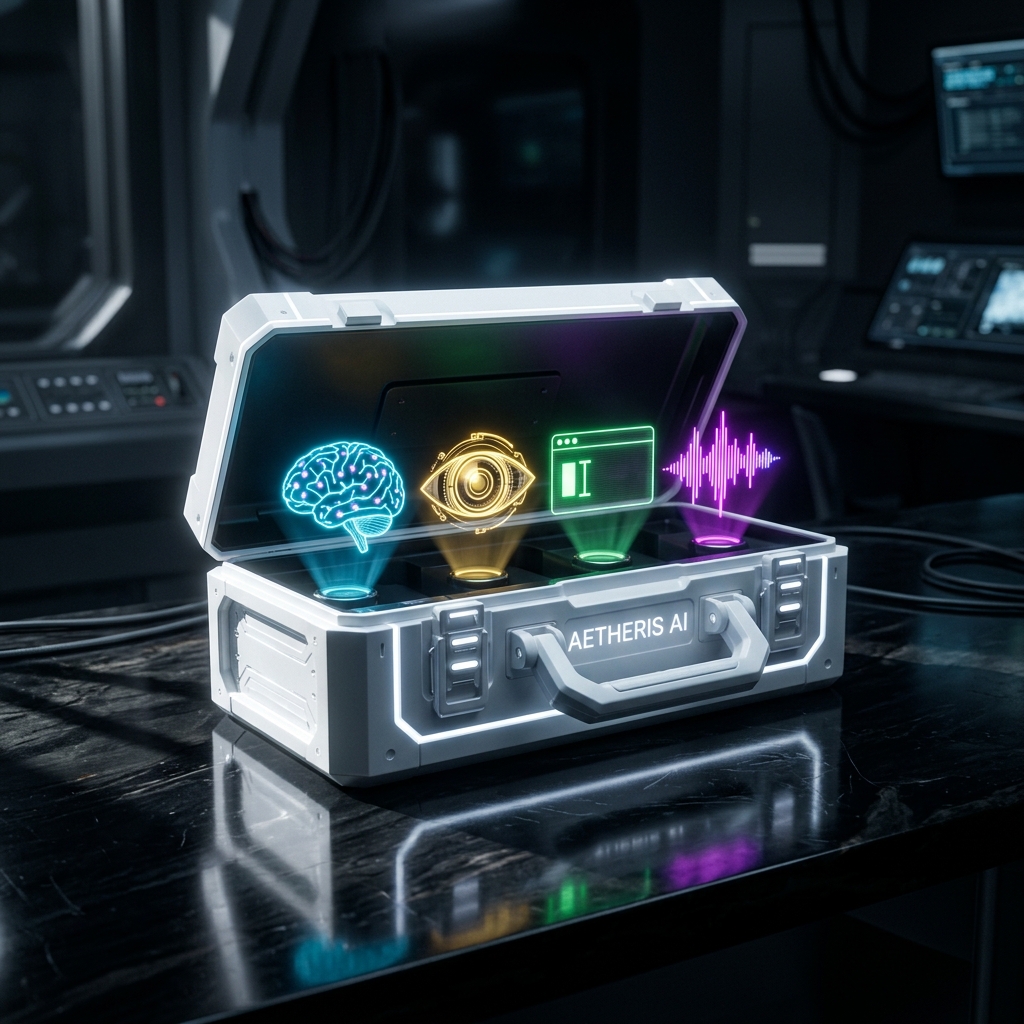 A pristine, glowing white futuristic toolbox sitting on a dark obsidian desk, containing neon holographic icons representing different AI functions