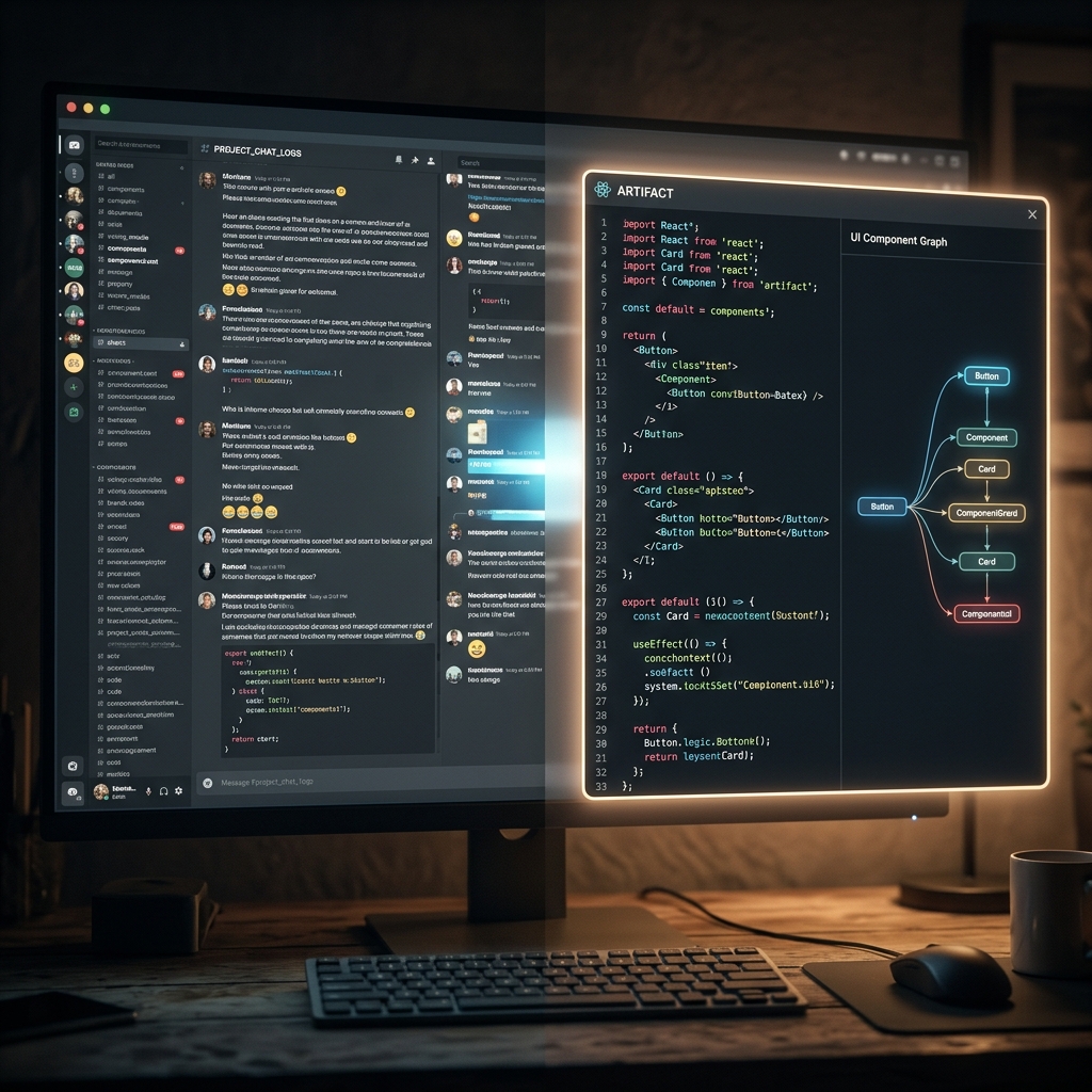 A split screen showcasing chaotic chat text on the left and perfectly organized React code rendering a sleek UI inside a glowing pop-out artifact window on the right