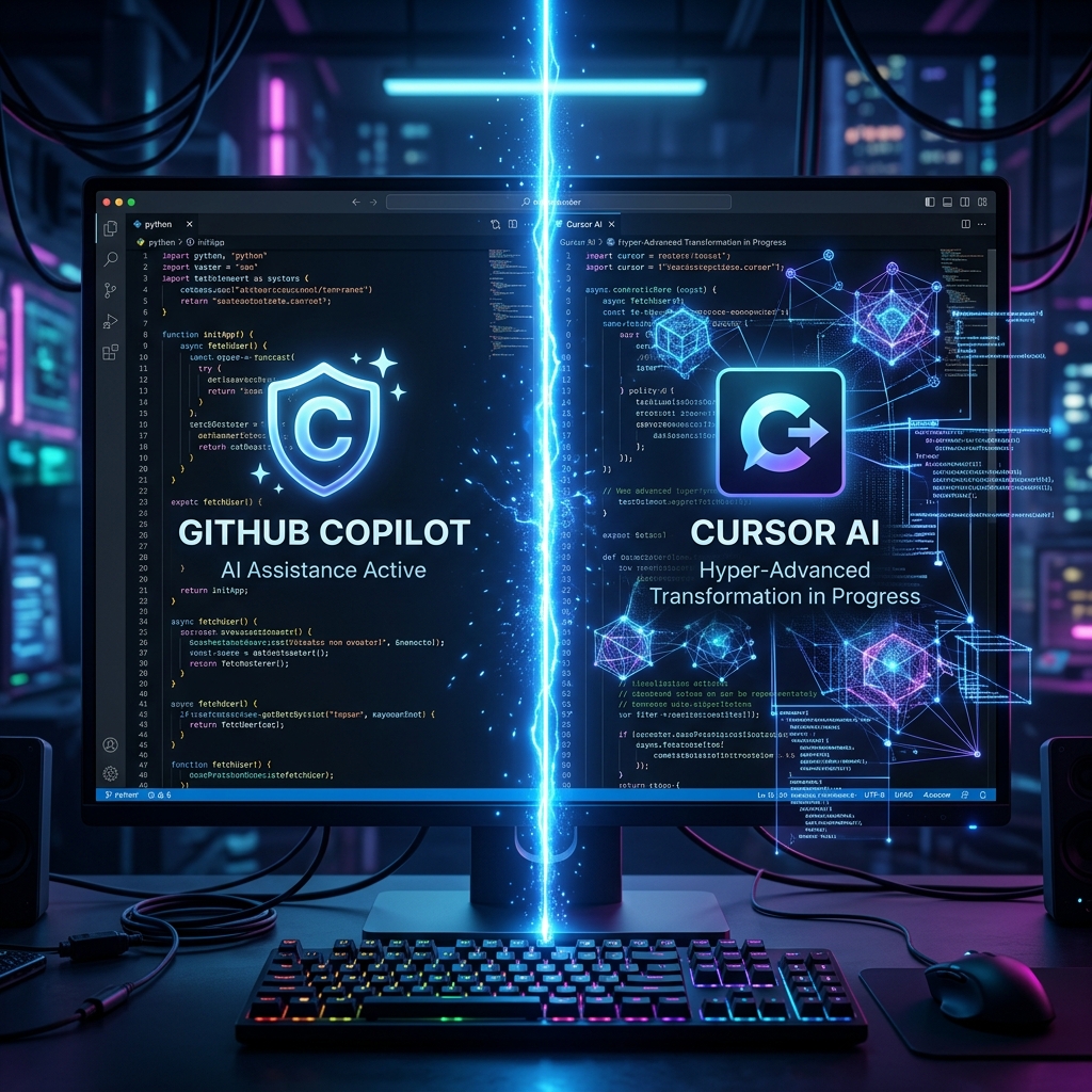 A sleek coding IDE interface split by a glowing blue laser, with a stylized GitHub Copilot logo on the left and a Cursor AI logo transforming code into holograms on the right