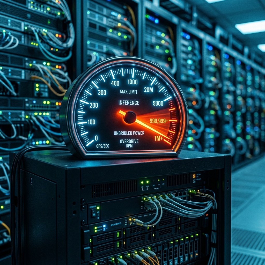 A glowing neon speedometer pinned to the absolute maximum limit, resting precariously on top of a rack of matte-black computer servers bathed in blue light, conveying dangerous speeds