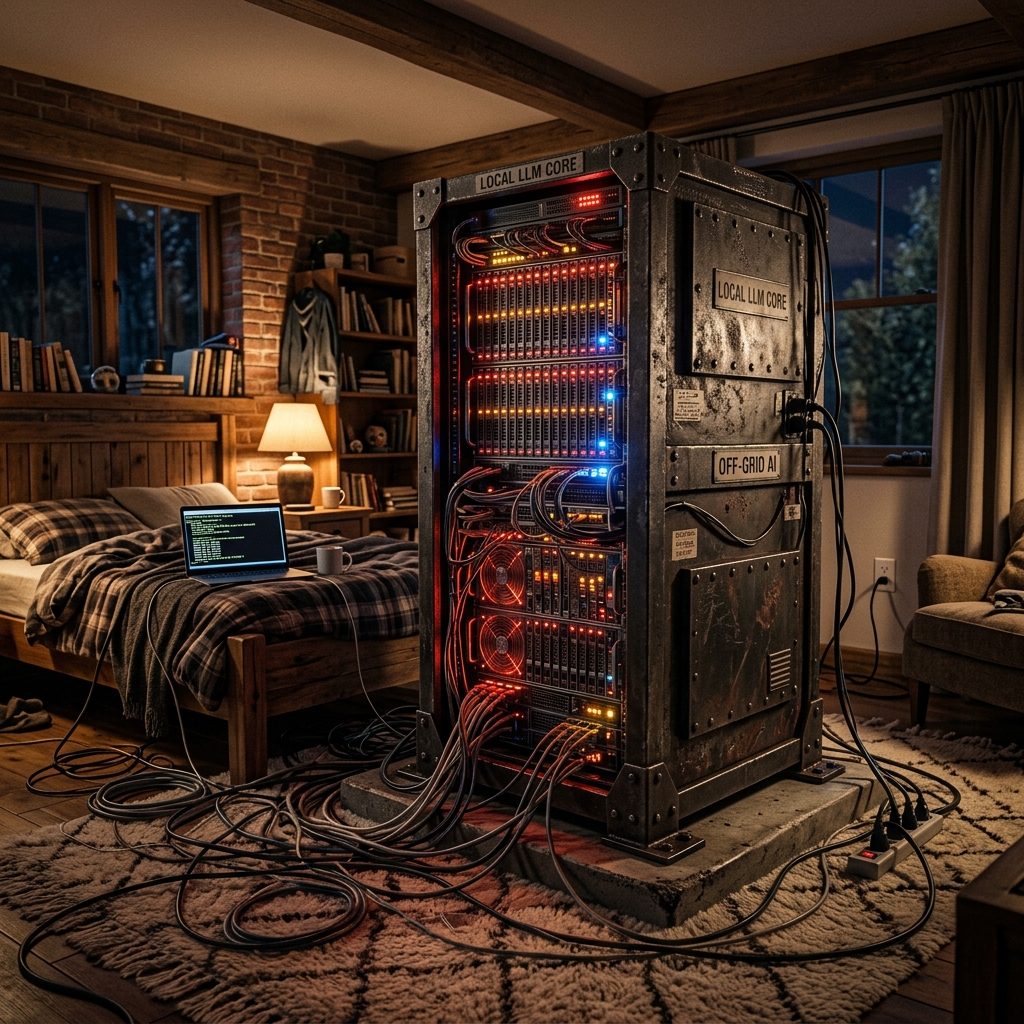 A massive, industrial iron server rack glowing with intense processing power sitting incongruously on a soft rug in the middle of a cozy, dimly lit bedroom