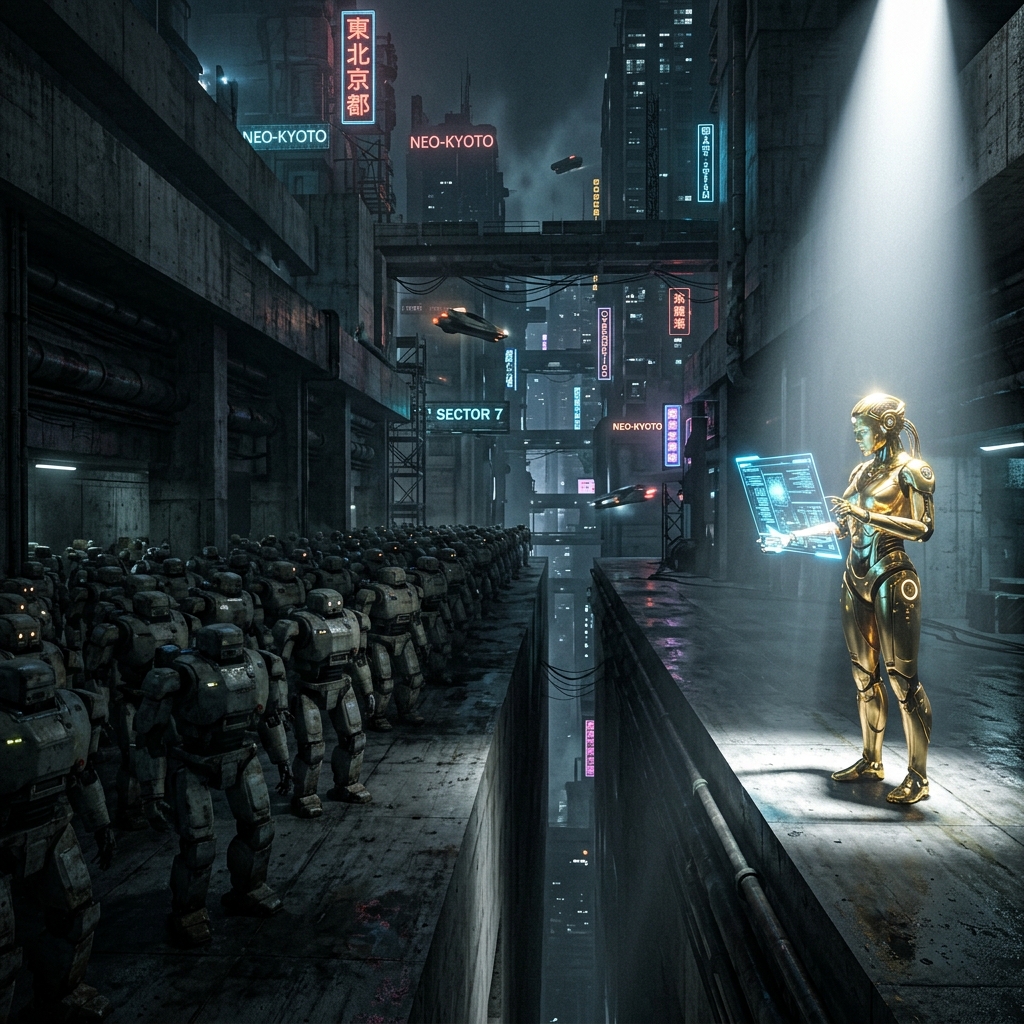 A sprawling, ominous data visualization of a hiring funnel, showing thousands of identical blue dots violently filtered down until only three glowing gold dots pass through to the other side